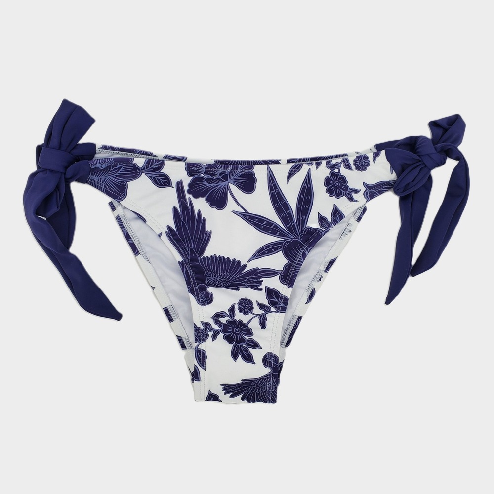 Cupshe Womens XSmall Low Rise Bikini Bottom Navy White Floral Bird Side Tie New